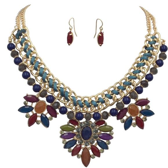 Chunky Jewel Tones Multicolor Necklace Earring Set - Picture 1 of 3